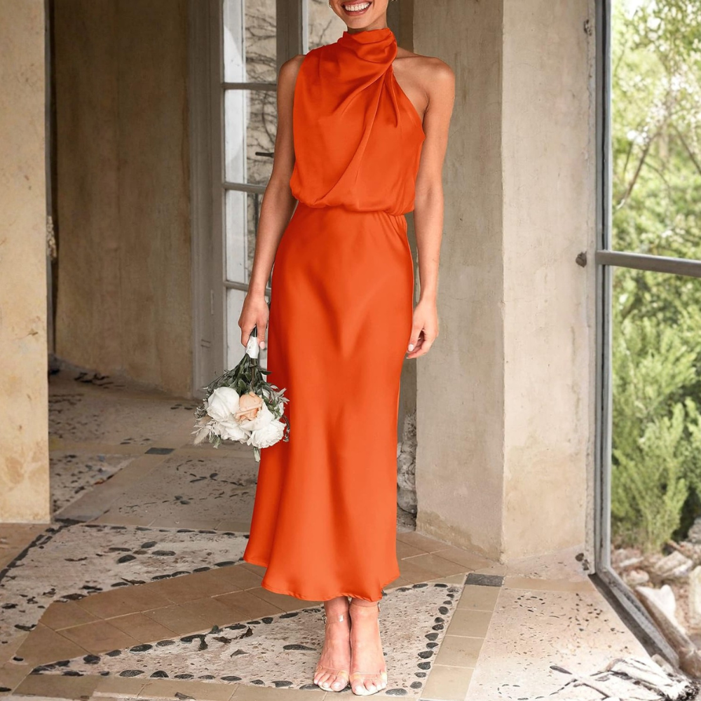 Elegant Sleeveless Satin Maxi Cocktail Party Dress