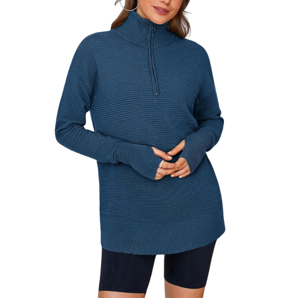 Womens Long Sleeve Quarter Zip Pullover Sweater Casual Loose V Neck Collared Ribbed Knit Jumper Tops Thumb Hole
