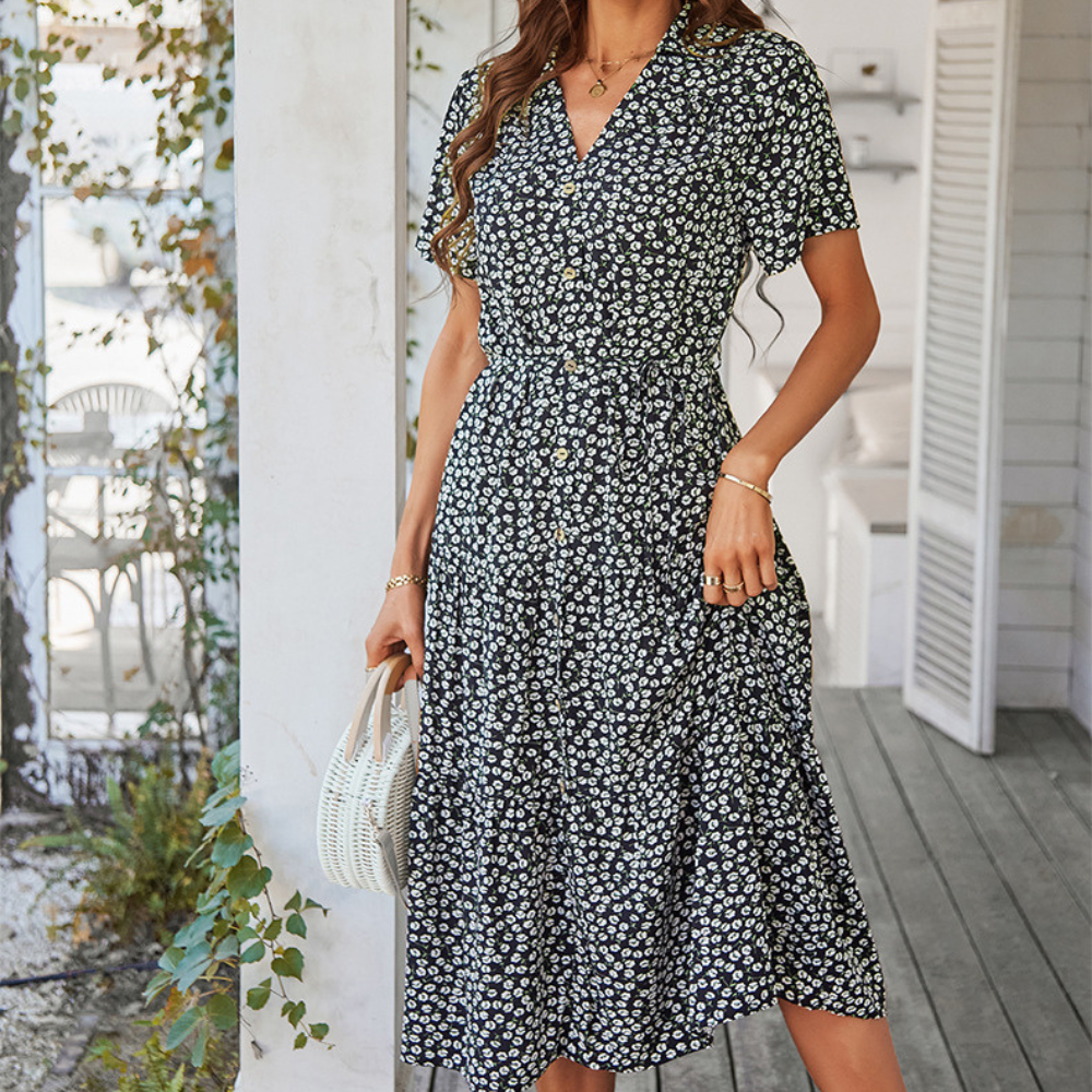 V-Neck Waist Belt Floral Print Maxi Dress-My Comfy Blouse