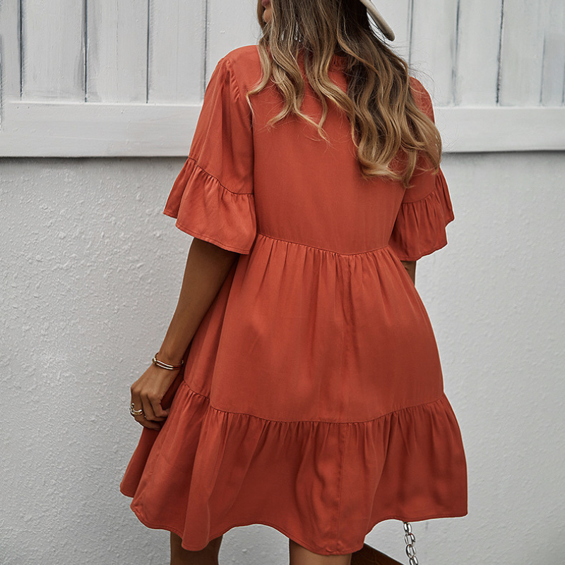 Semi Collar Flared Short Sleeves Midi Drees-My Comfy Blouse