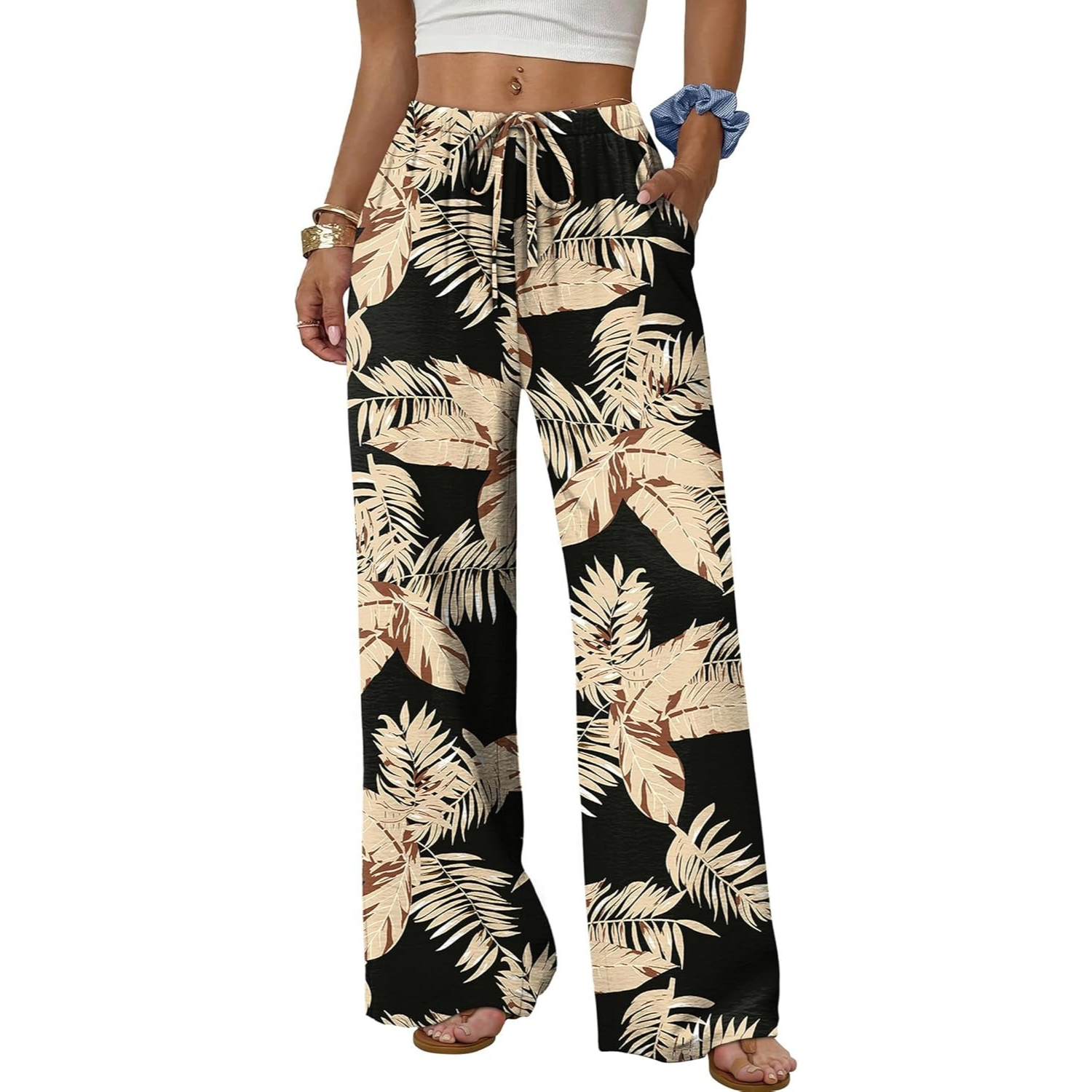 Wide Pants for Women Flowy Palazzo Drawstring Elastic Trousers with Pockets Summer Beach Vacation Clothes