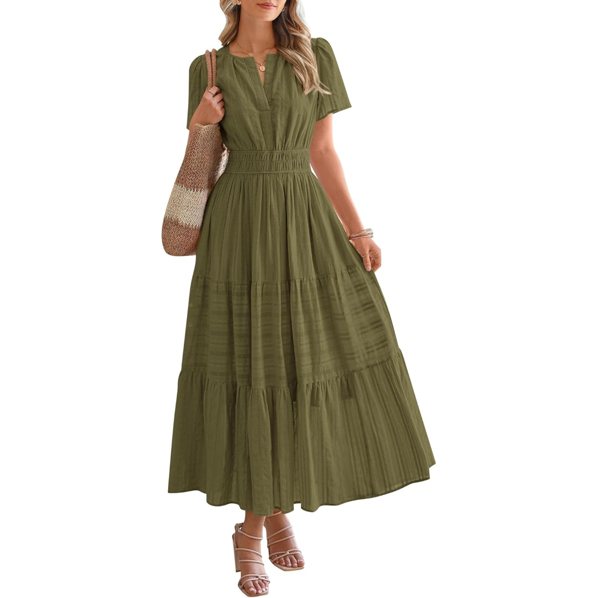 Womens Summer 2026 Casual Midi Maxi Dresses Lightweight Short Sleeve V Neck Elastic Waist Boho Beach Dress Pockets