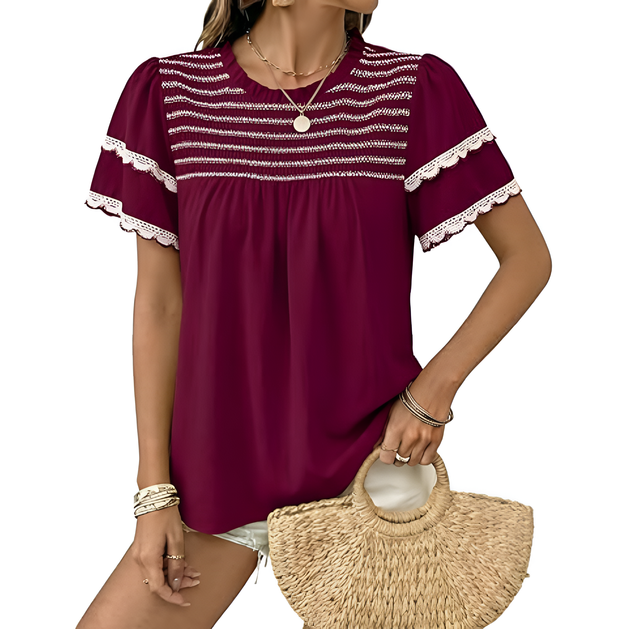 Women Summer Tops Crewneck Ruffle Short Sleeve Casual Pleated Blouses