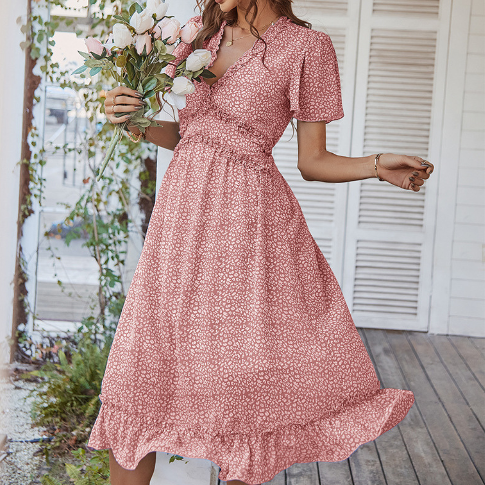 Pleated Ruffle Neck And Waist Dots Print Maxi Dress-My Comfy Blouse