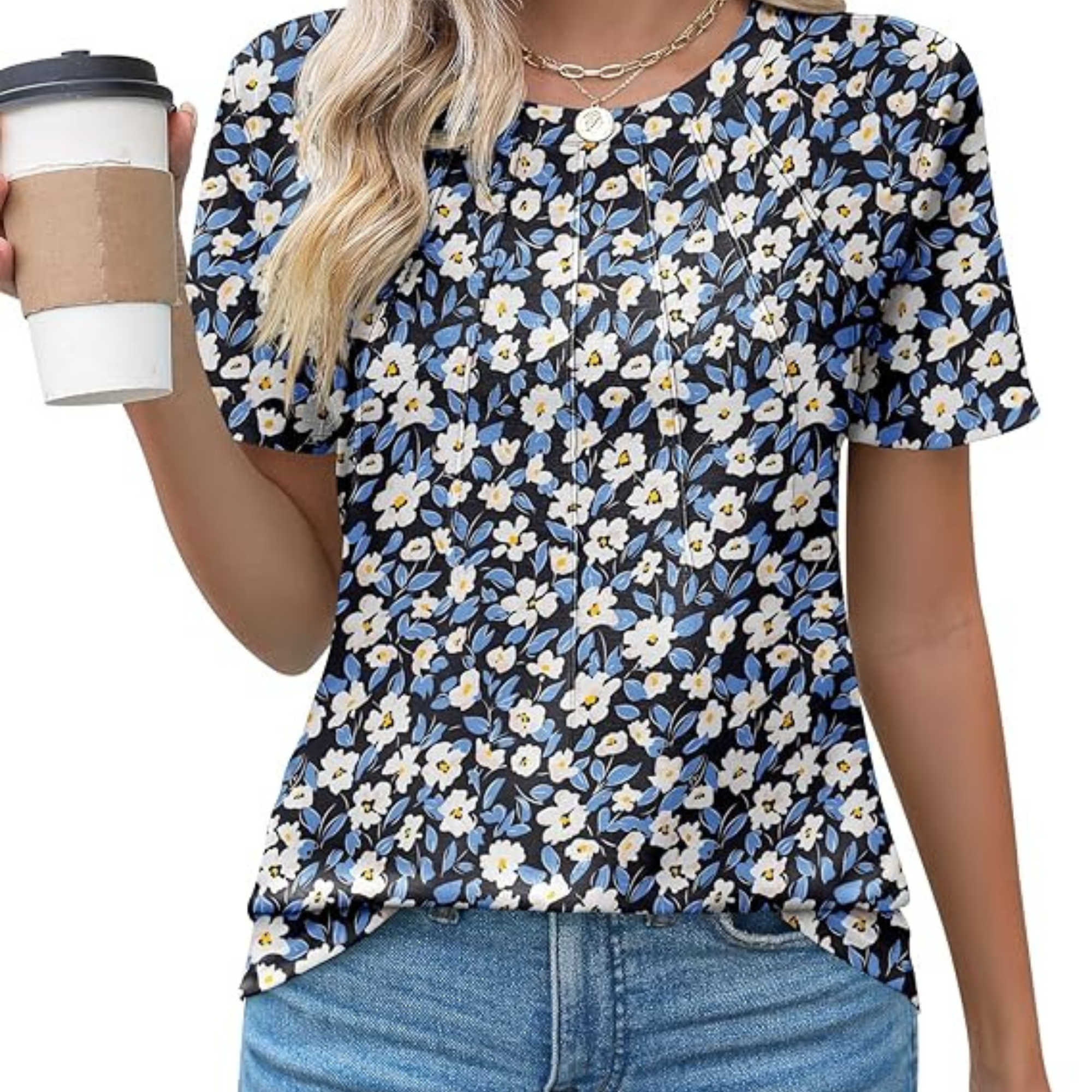  Womens Fashion Casual Crew Short Sleeve Pleated Tops Blouses 