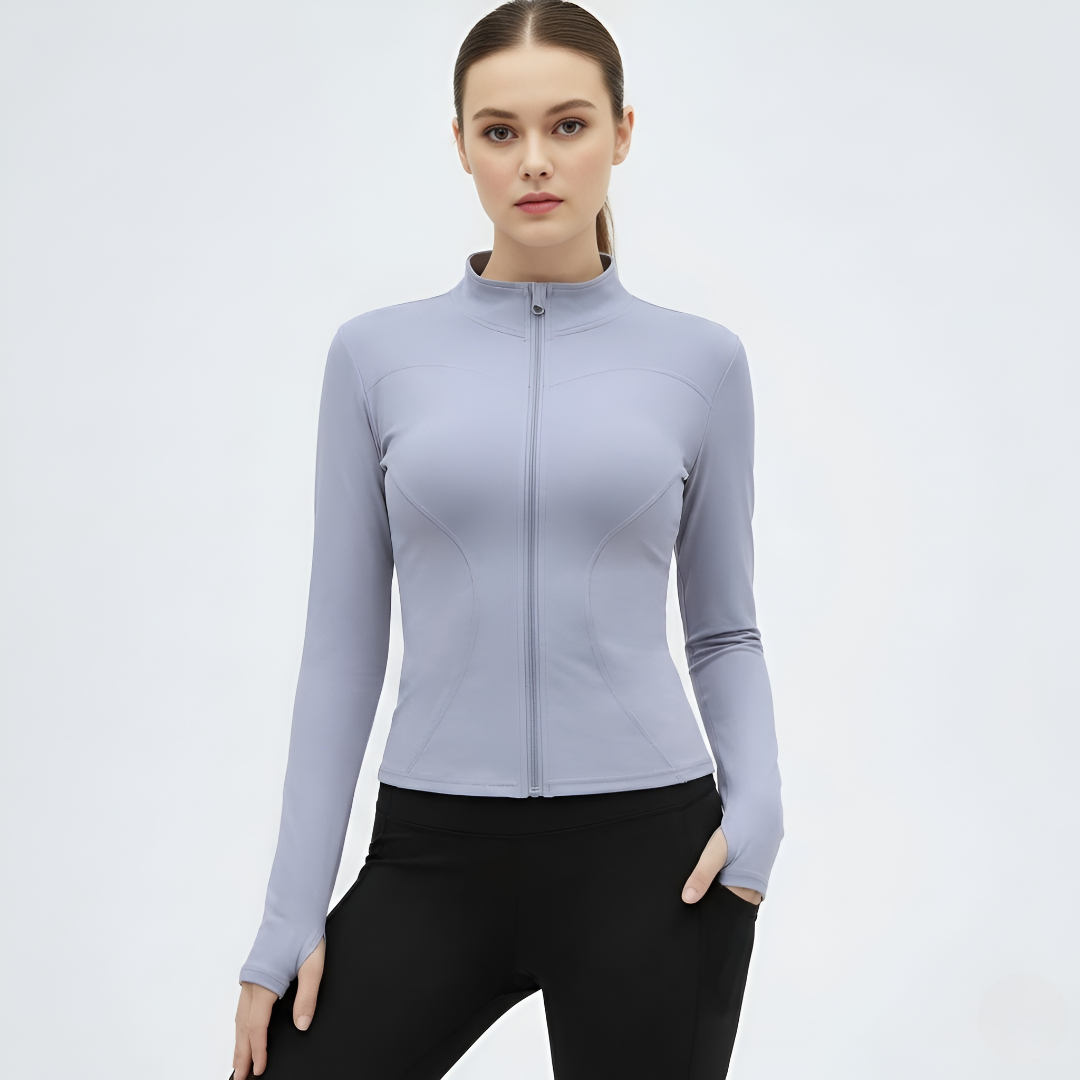 Women Thumb Holes Solid Zip Up Mock Neck Spring Sports Jacket