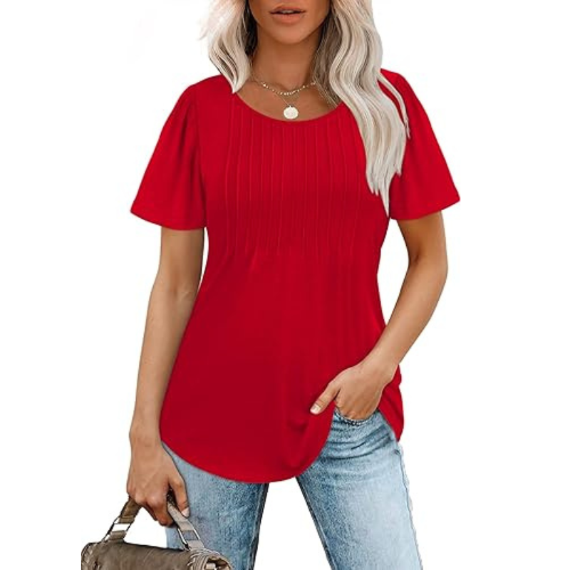Pleated Casual Top With Scoop Short Sleeve Summer Blouse-My Comfy Blouse