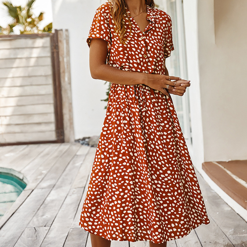 Shirt Collar Waist Tie Dot Print Maxi Dress-My Comfy Blouse