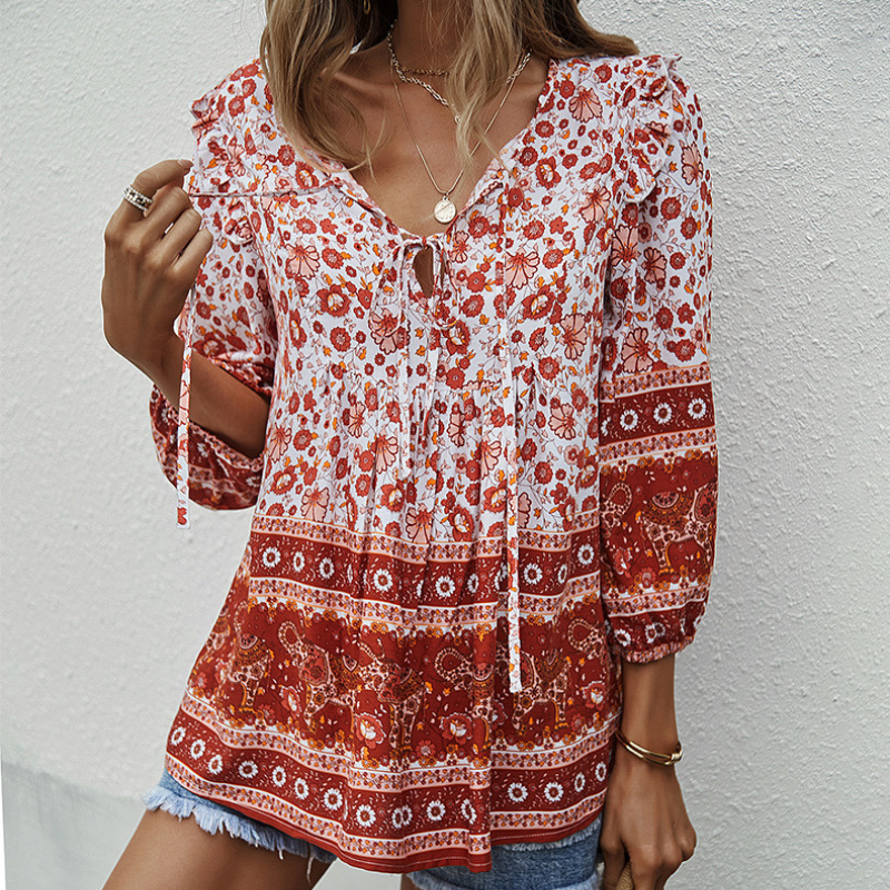 Traditional Print Front Strip Tie Blouse-My Comfy Blouse