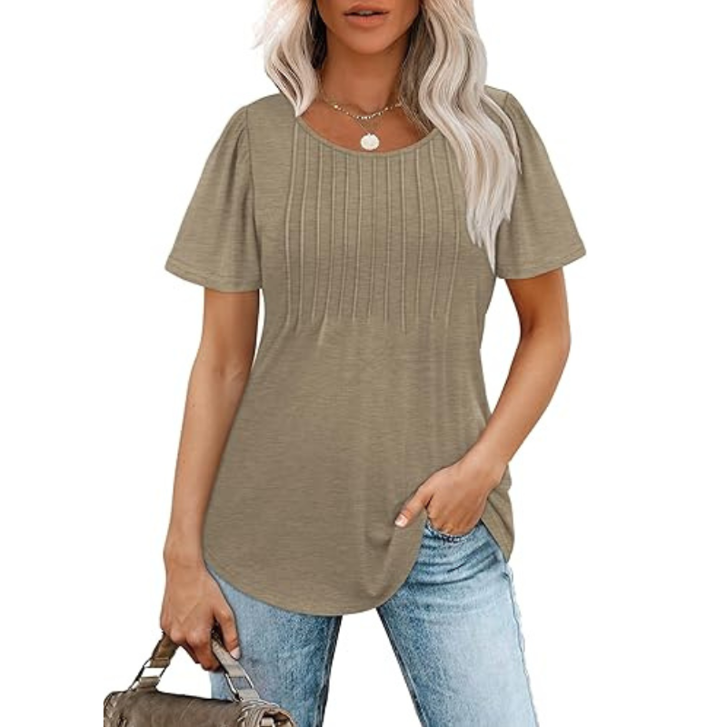 Pleated Casual Top With Scoop Short Sleeve Summer Blouse-My Comfy Blouse