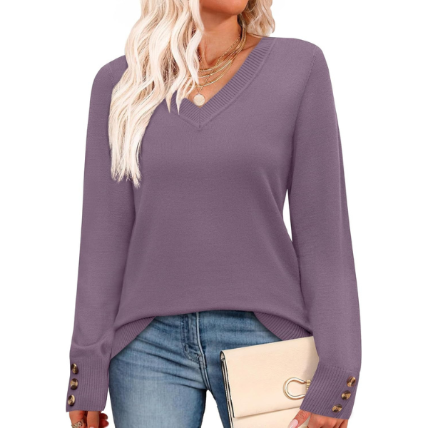 ightweight Sweaters for Women Long Sleeve V Neck Knit Outfits with Decorative Buttons