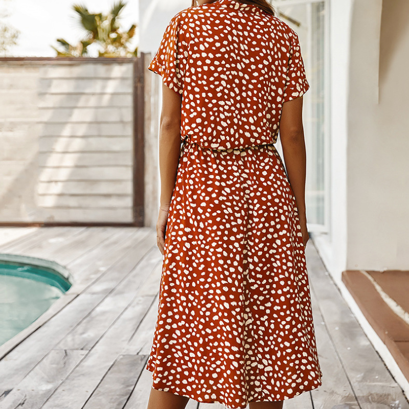Shirt Collar Waist Tie Dot Print Maxi Dress-My Comfy Blouse