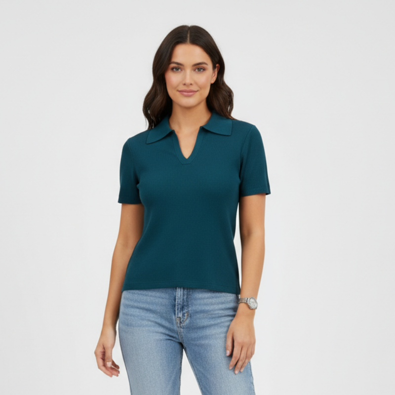 Short Sleeve Polo Design Sweater Top For Women