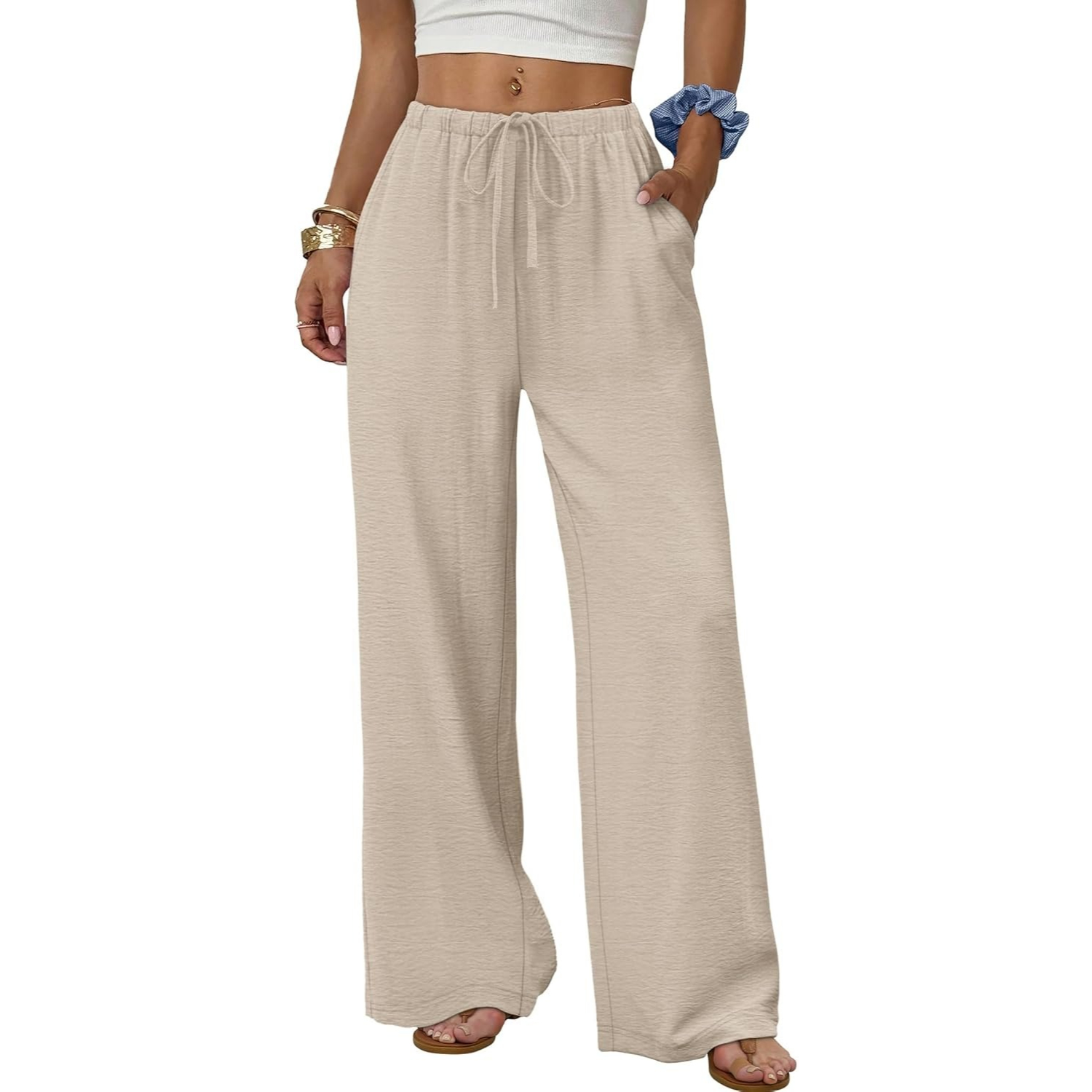 Wide Pants for Women Flowy Palazzo Drawstring Elastic Trousers with Pockets Summer Beach Vacation Clothes