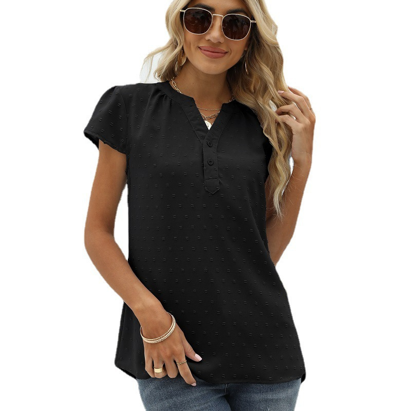 Flounce Short Sleeves V Neck Blouse-My Comfy Blouse