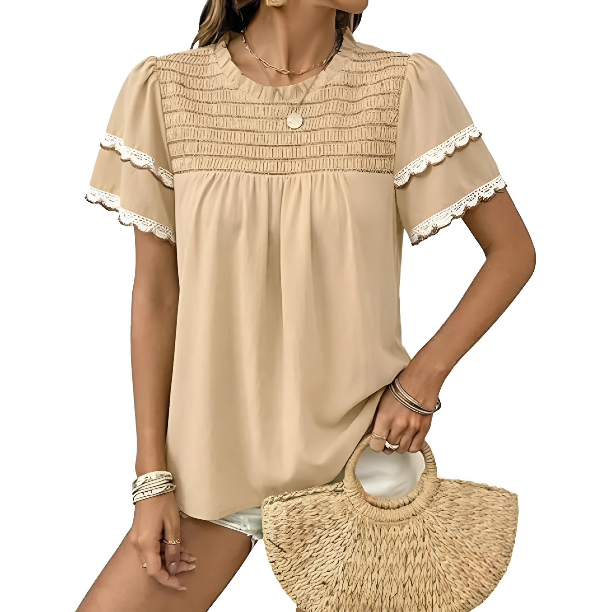 Women Summer Tops Crewneck Ruffle Short Sleeve Casual Pleated Blouses