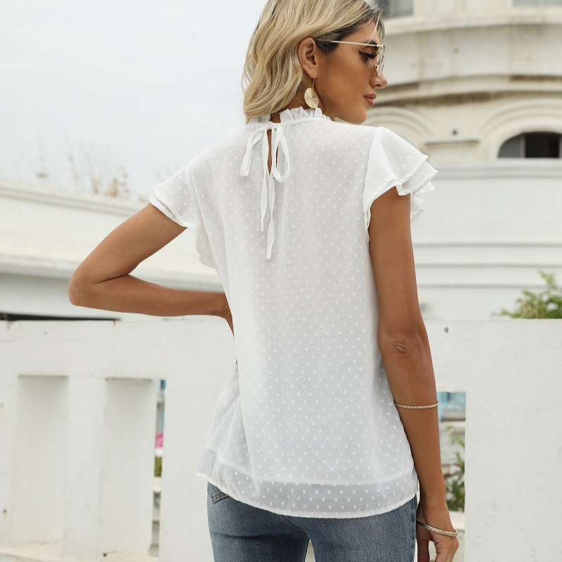 Flounce Cap Sleeves Dot Print Blouse-My Comfy Blouse