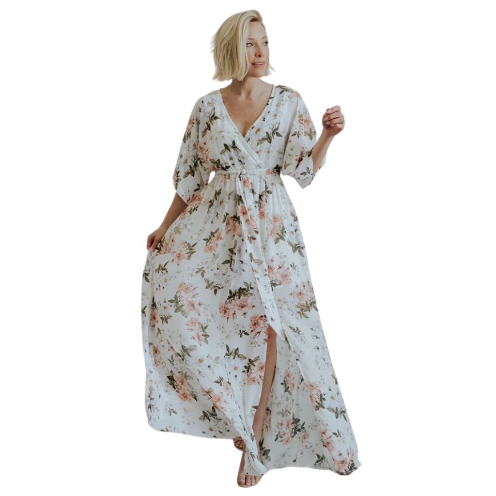 Floral Pattern Floor Length Long Sleeve Chiffon Dress-My Comfy Blouse