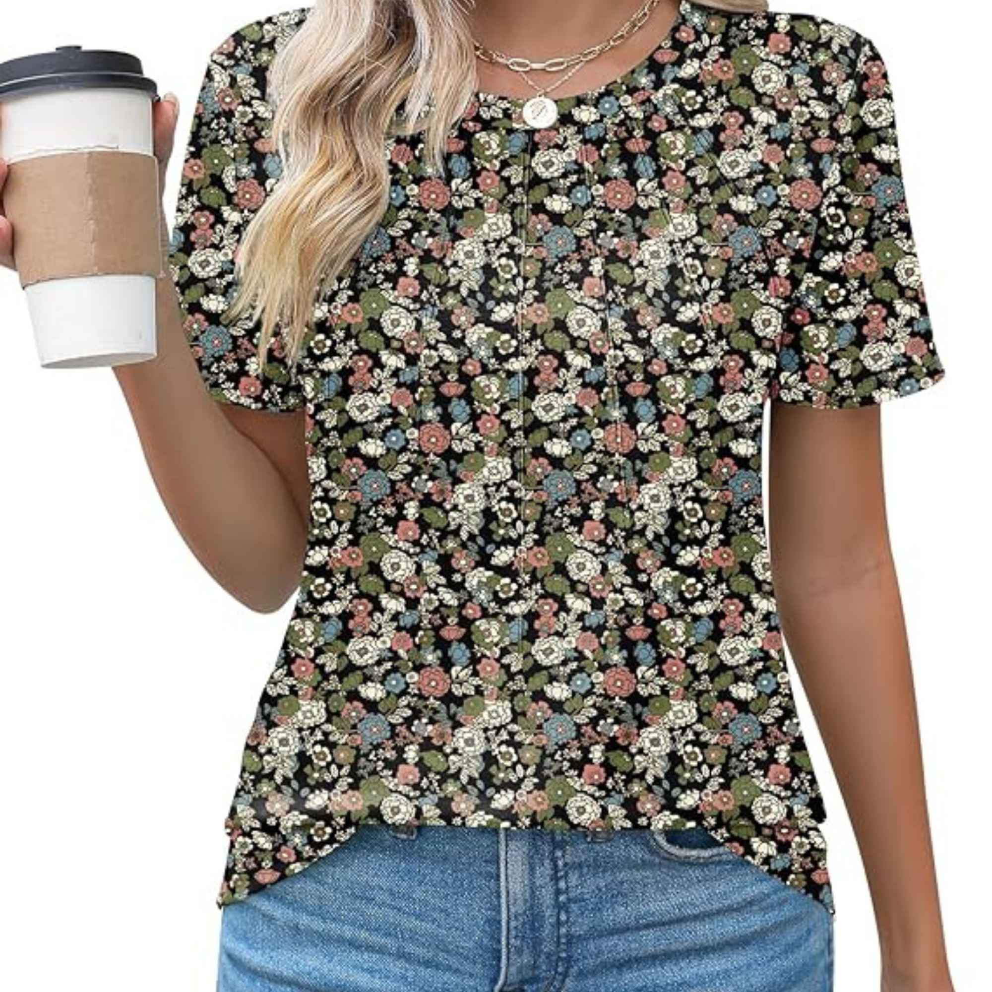  Womens Fashion Casual Crew Short Sleeve Pleated Tops Blouses 