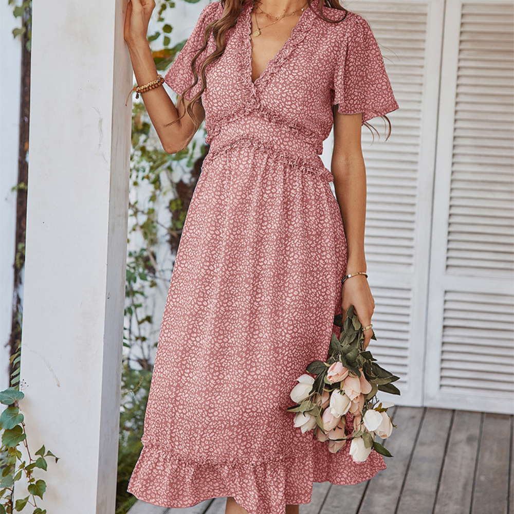 Pleated Ruffle Neck And Waist Dots Print Maxi Dress-My Comfy Blouse