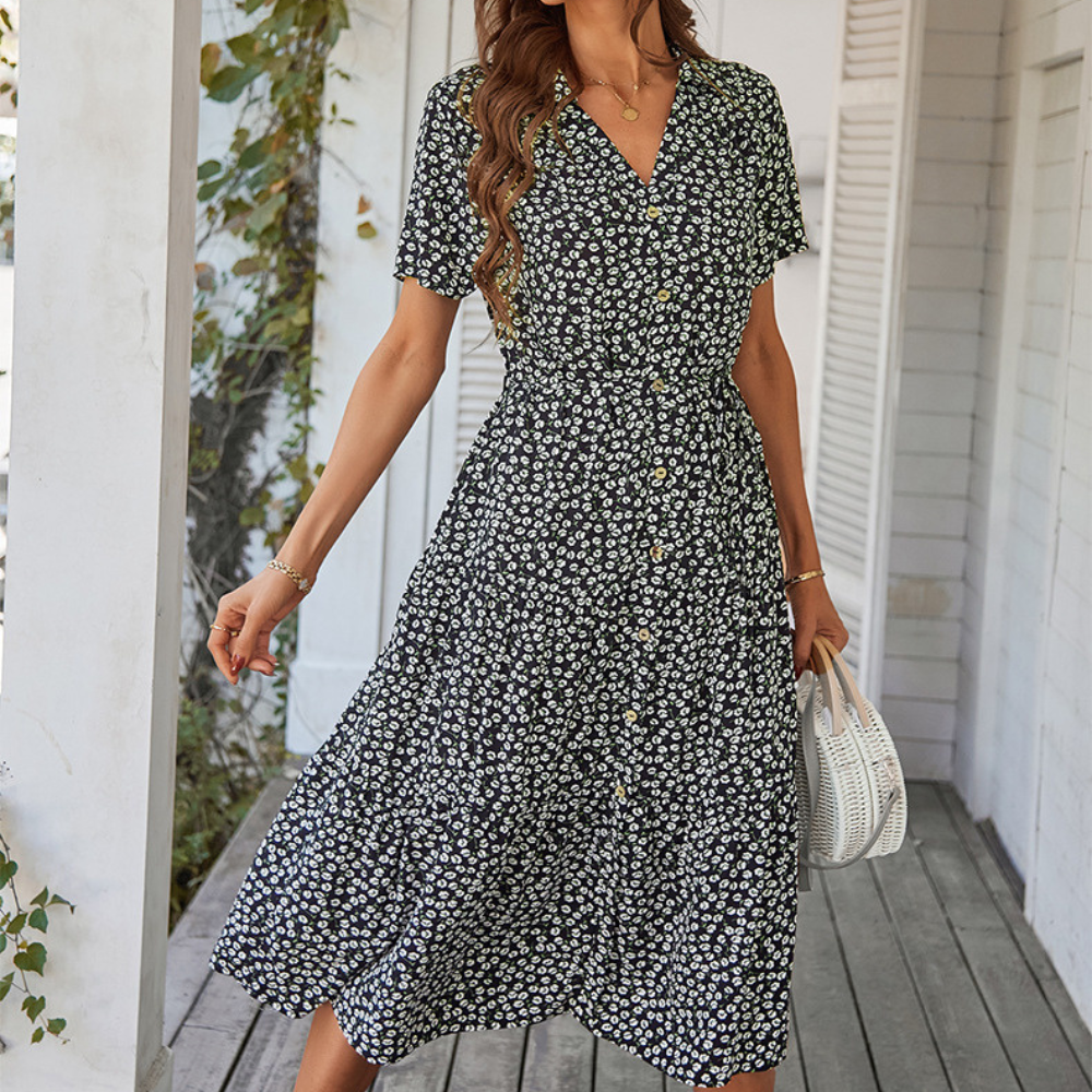 V-Neck Waist Belt Floral Print Maxi Dress-My Comfy Blouse