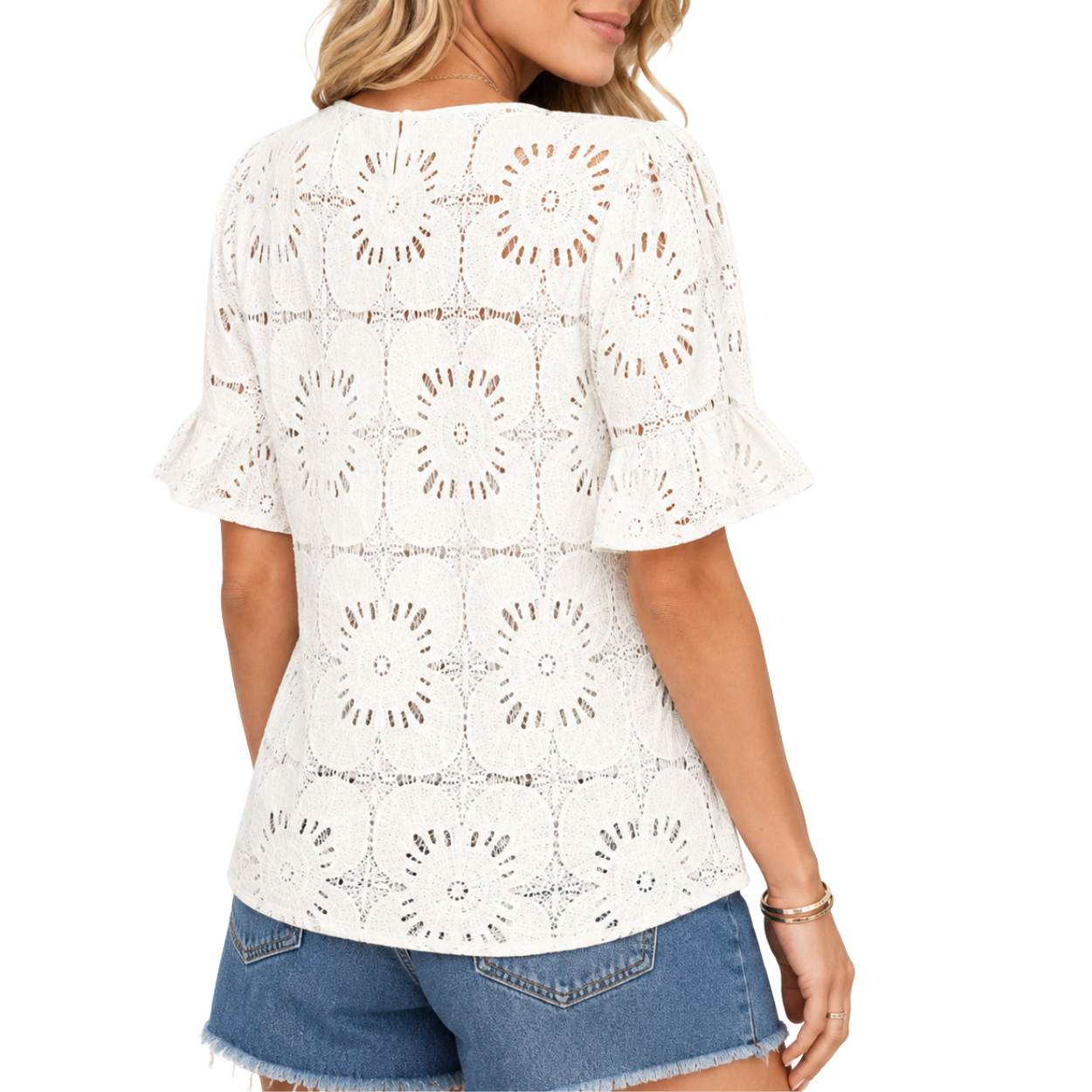 Women Short Boho Eyelet Lace Puff Tops