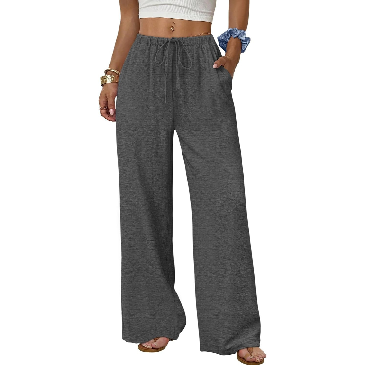 Wide Pants for Women Flowy Palazzo Drawstring Elastic Trousers with Pockets Summer Beach Vacation Clothes
