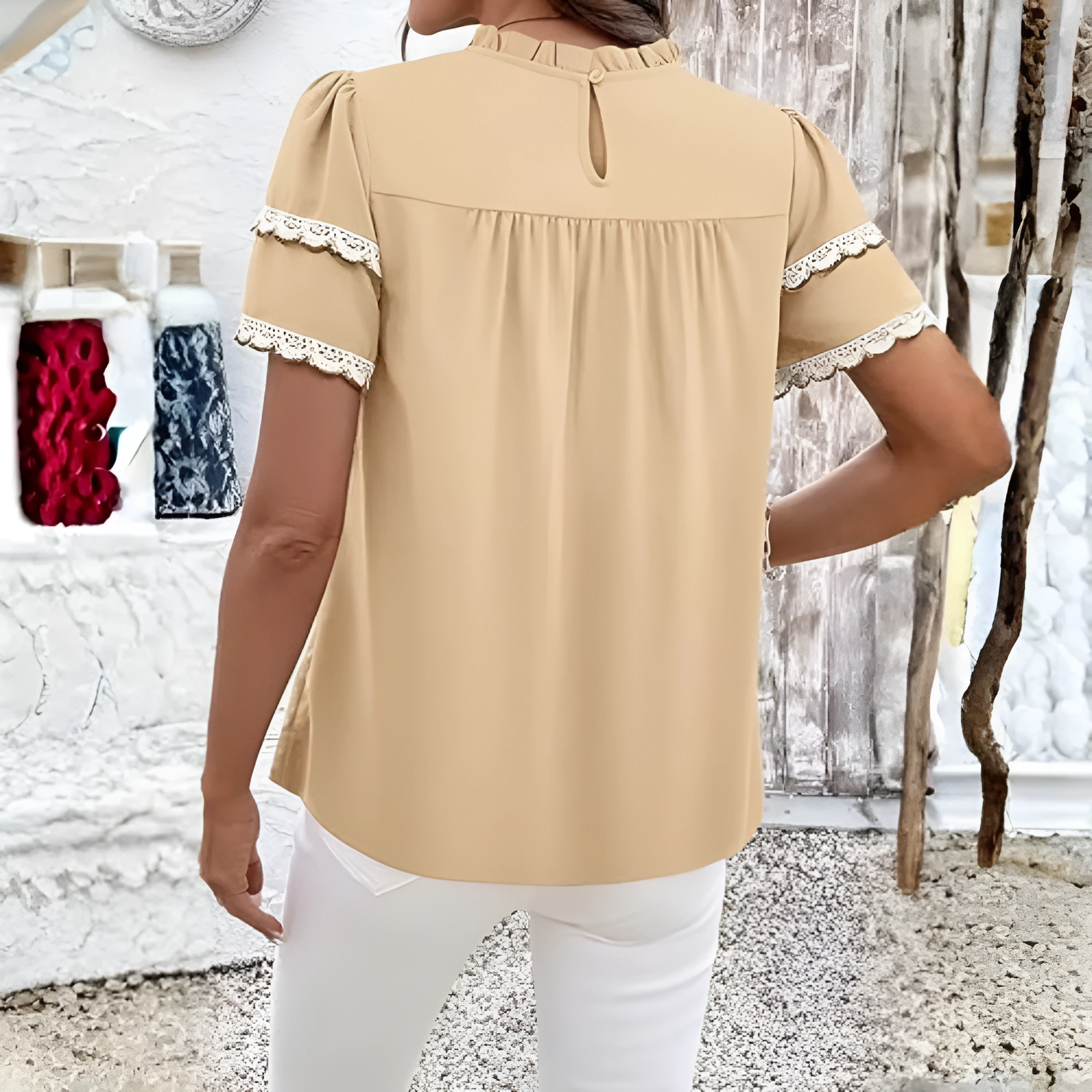 Women Summer Tops Crewneck Ruffle Short Sleeve Casual Pleated Blouses