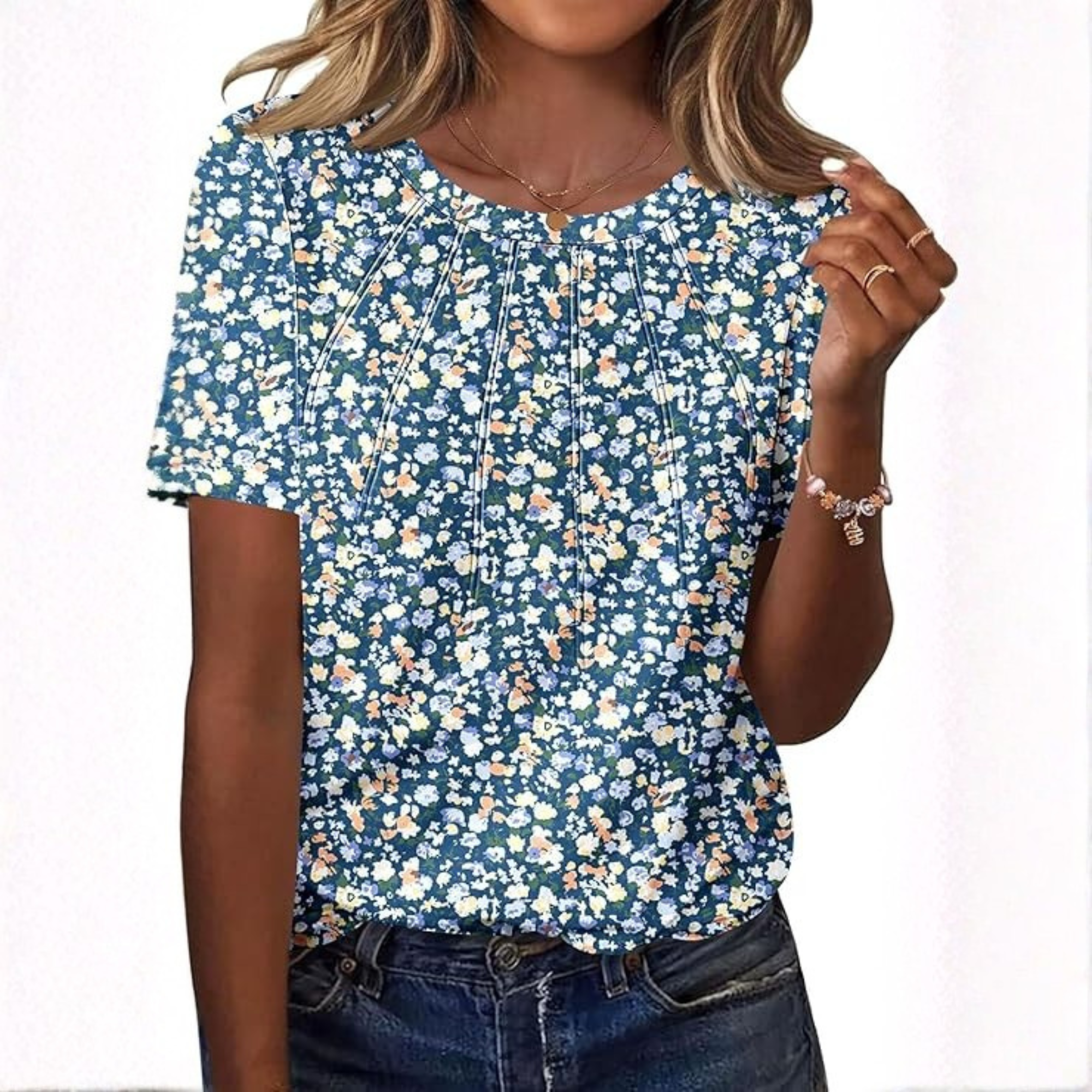 Womens Fashion Casual Crew Short Sleeve Pleated Tops Blouses 