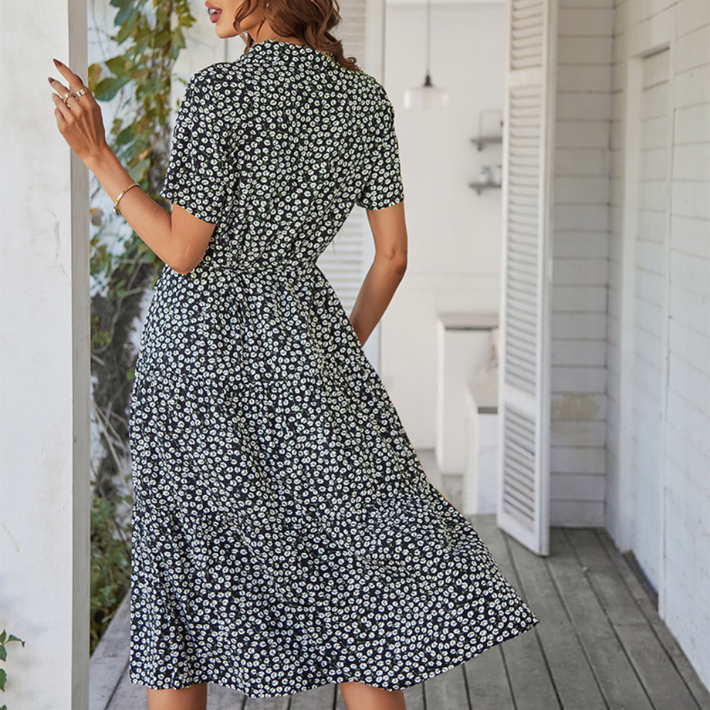 V-Neck Waist Belt Floral Print Maxi Dress-My Comfy Blouse