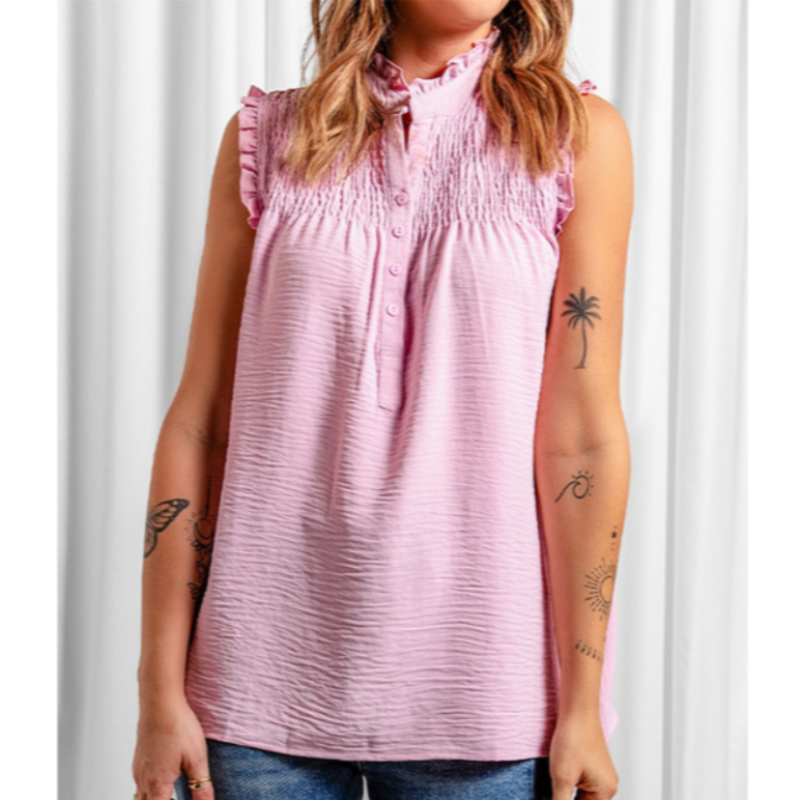 High Collar Button Ruffled Sleeves Less Blouse-My Comfy Blouse