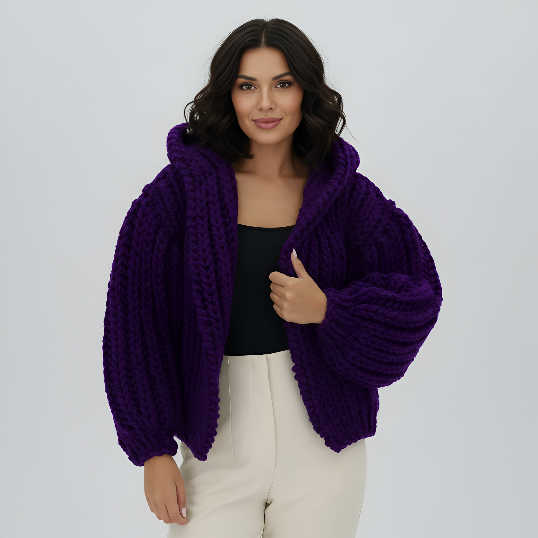 Oversized Cable Knit Hooded Open Front Cardigan For Women