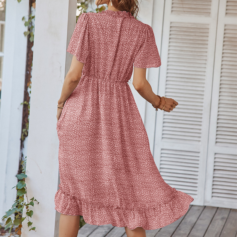 Pleated Ruffle Neck And Waist Dots Print Maxi Dress-My Comfy Blouse