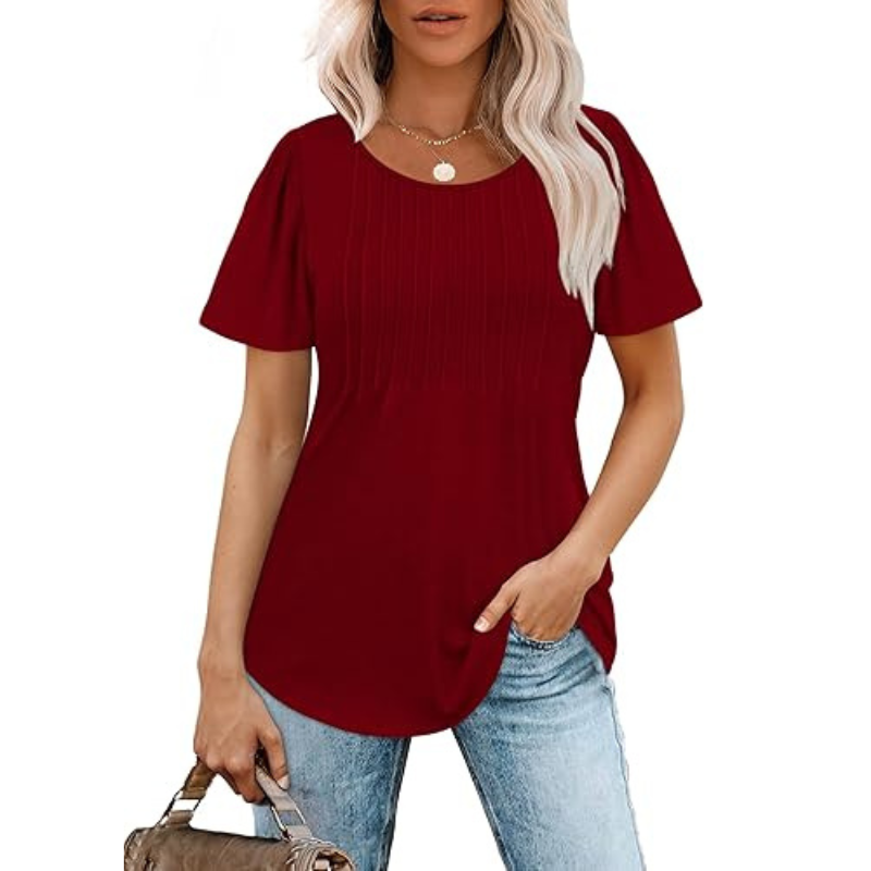 Pleated Casual Top With Scoop Short Sleeve Summer Blouse-My Comfy Blouse