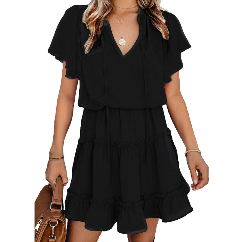 Flounce Sleeve V- Neck Casual Dress-My Comfy Blouse