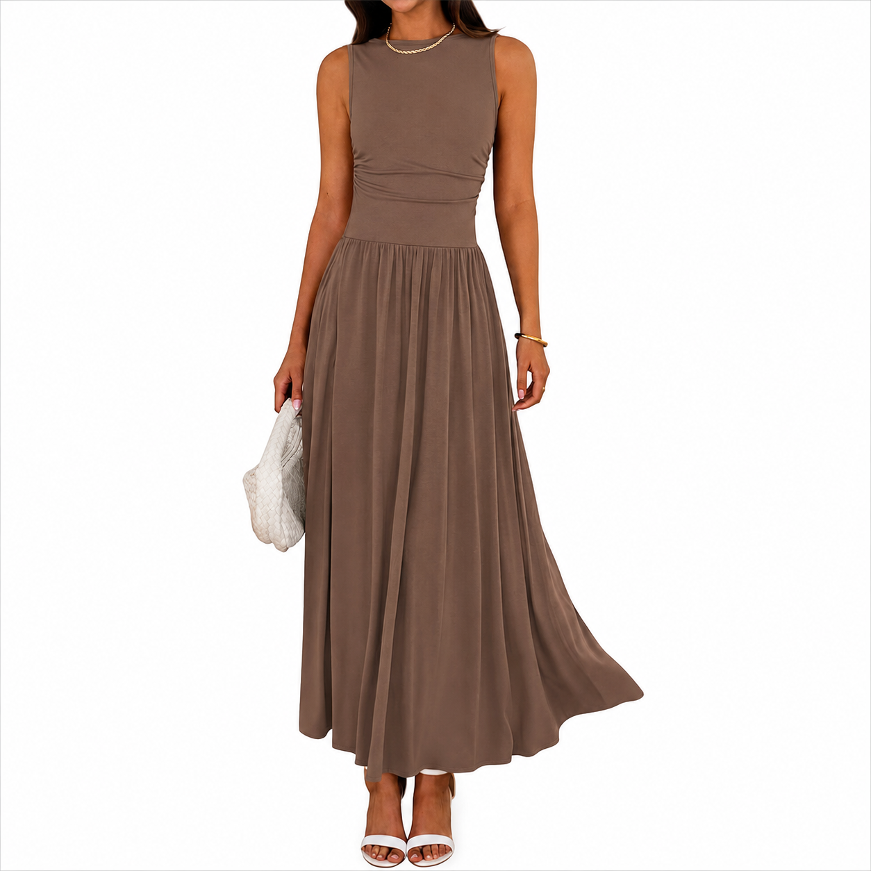 Flowy Sleeveless Maxi Sundress With Ruched Detail For Women