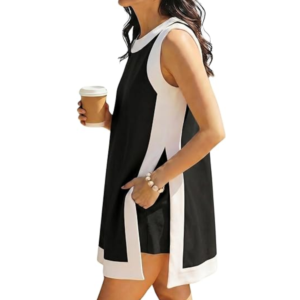 2 Piece Casual Color Block Shorts Set With Pockets For Women