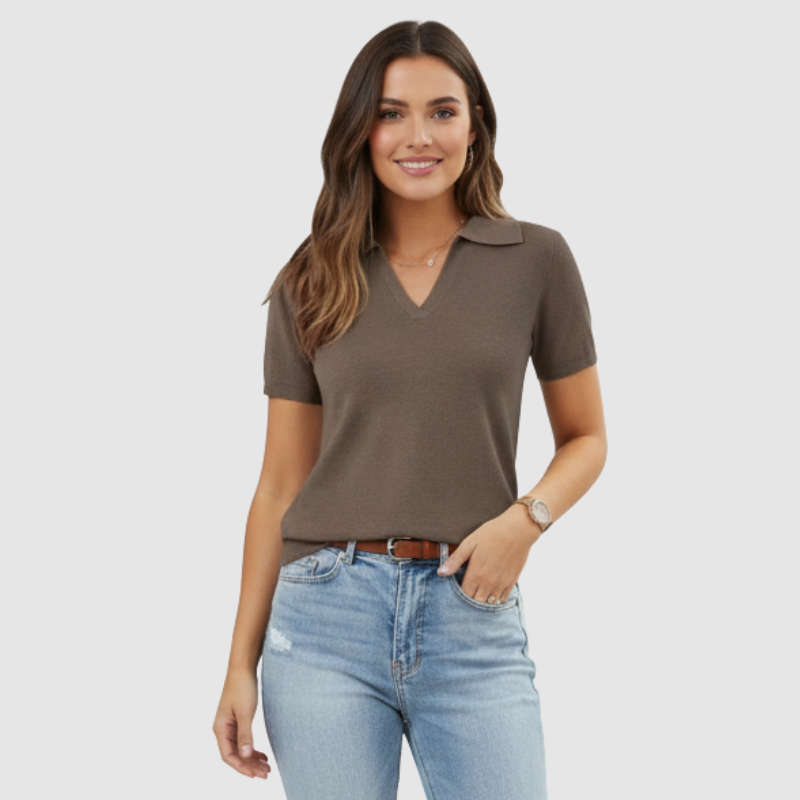 Short Sleeve Polo Design Sweater Top For Women