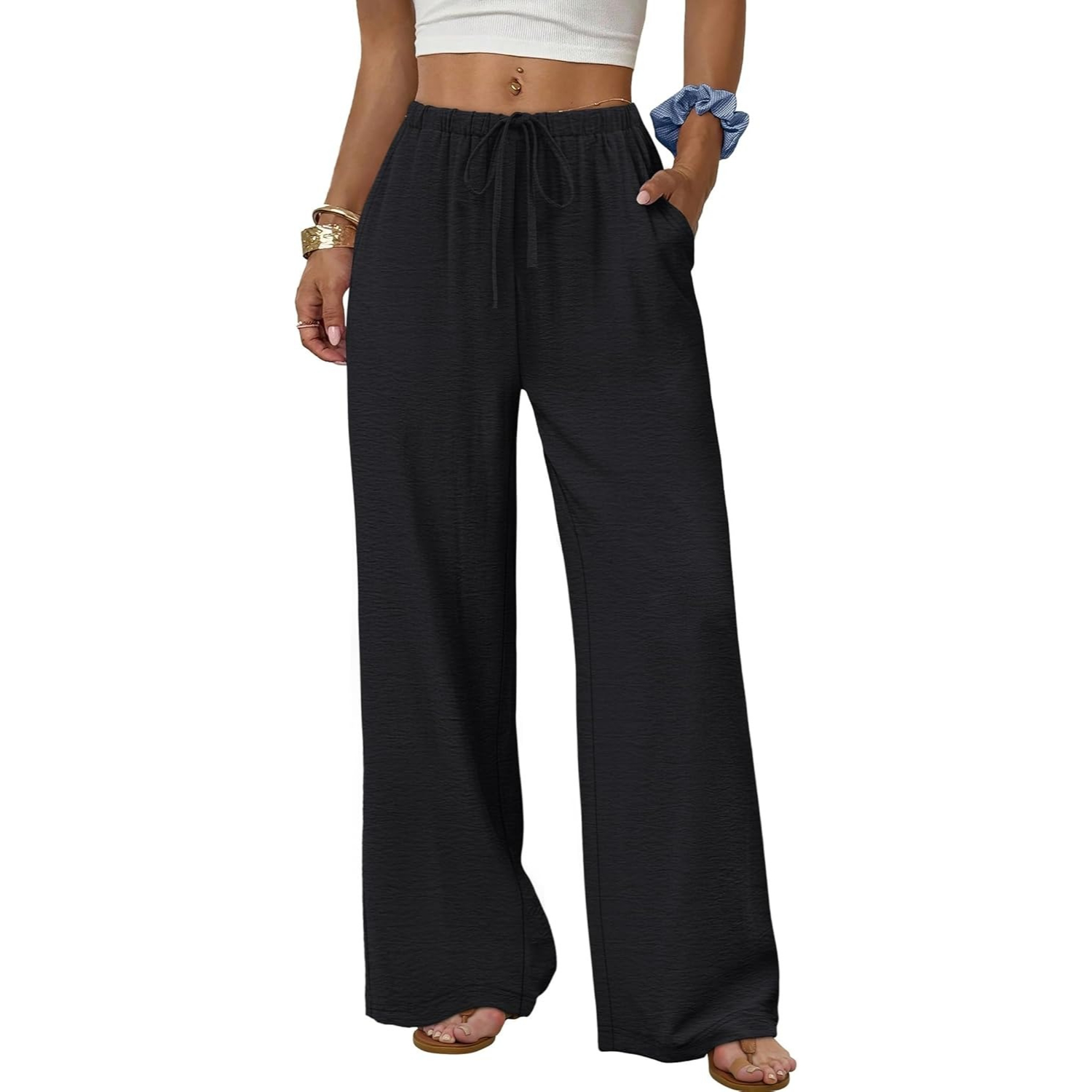 Wide Pants for Women Flowy Palazzo Drawstring Elastic Trousers with Pockets Summer Beach Vacation Clothes