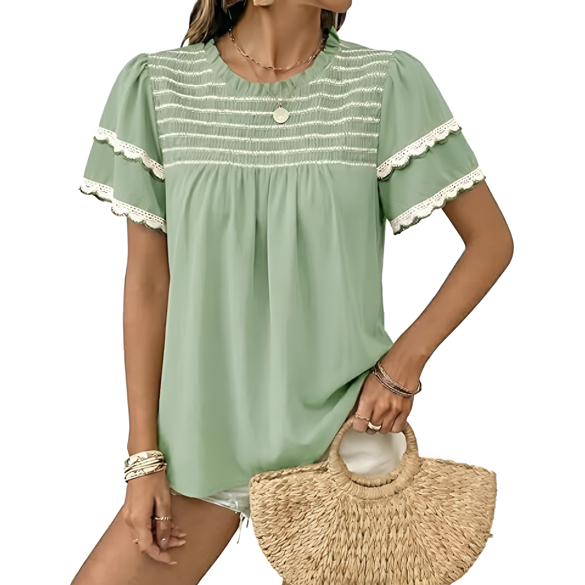 Women Summer Tops Crewneck Ruffle Short Sleeve Casual Pleated Blouses