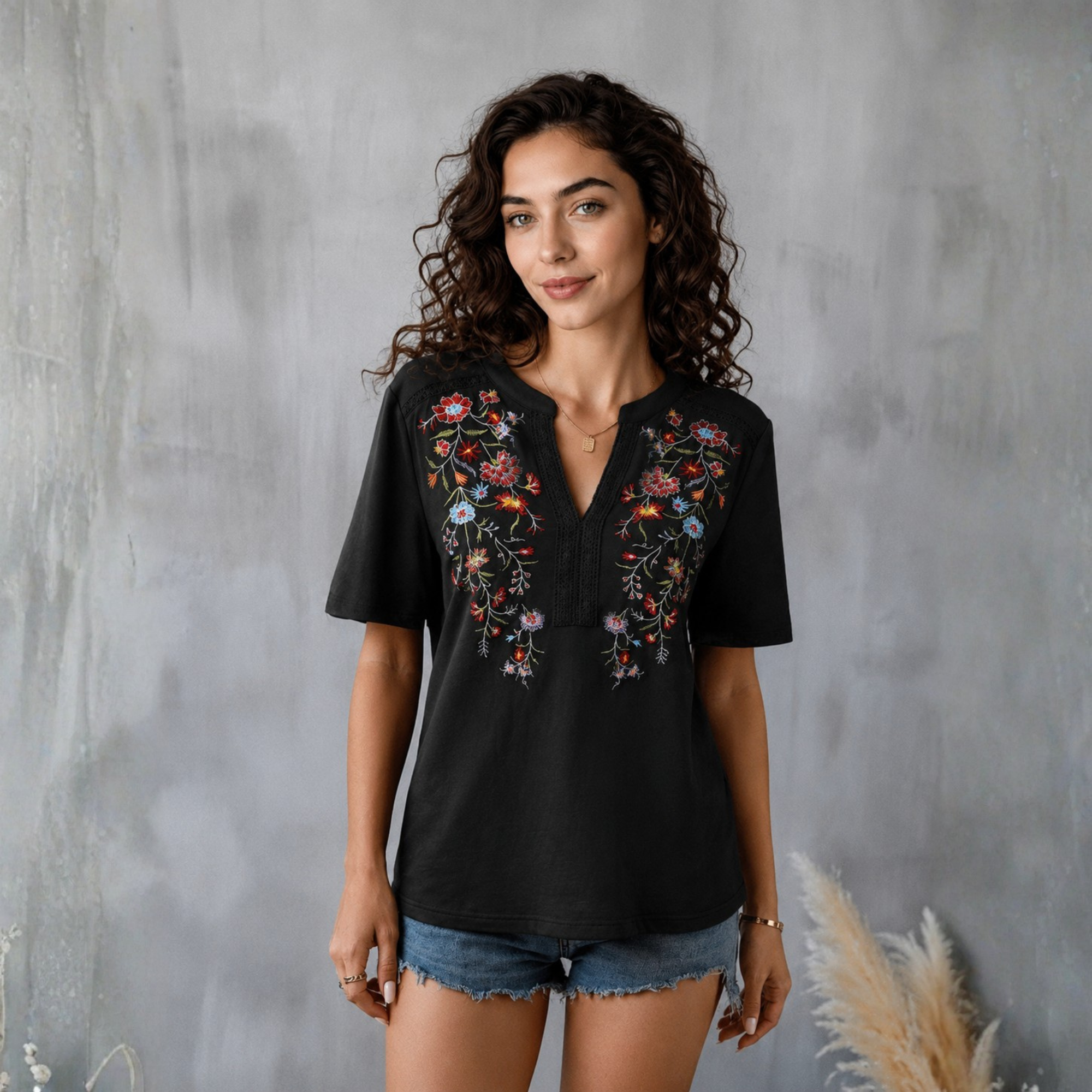 Embroidered Floral Summer Tunic V Shirts