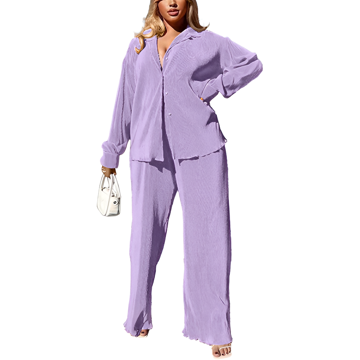 2 Piece Button Down Shirt And Pleated Pants Set For Women