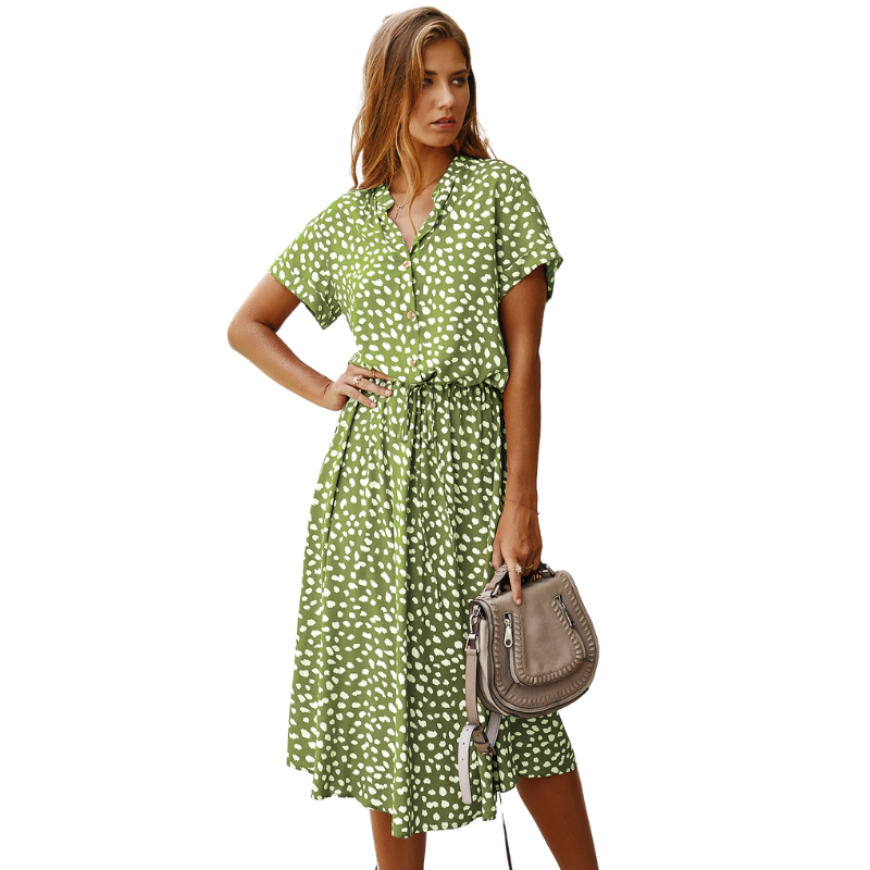 Shirt Collar Waist Tie Dot Print Maxi Dress-My Comfy Blouse