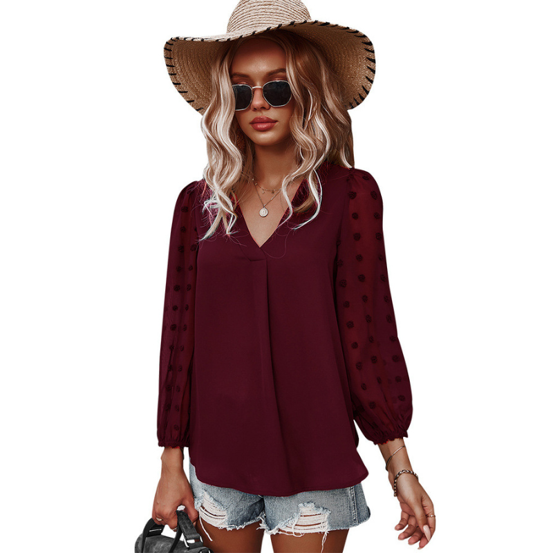 Textured Full Sleeves V-Neck Semi Formal Blouse-My Comfy Blouse