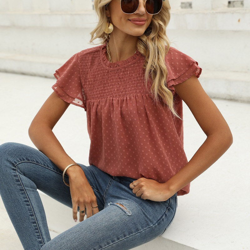 Flounce Cap Sleeves Dot Print Blouse-My Comfy Blouse