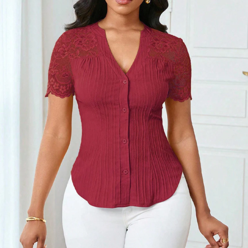 Ribbed Knit Button Down Top With Lace Sleeves