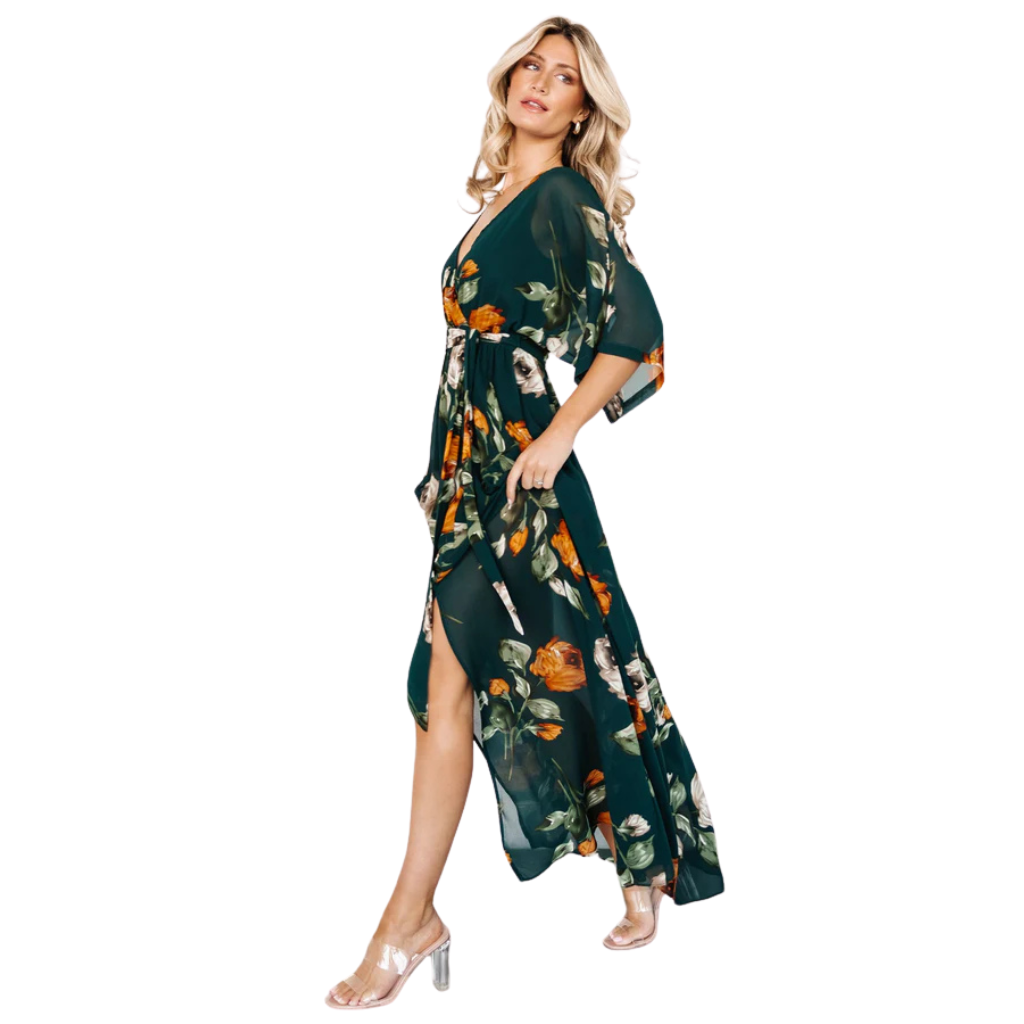 Floral Pattern Floor Length Long Sleeve Chiffon Dress-My Comfy Blouse