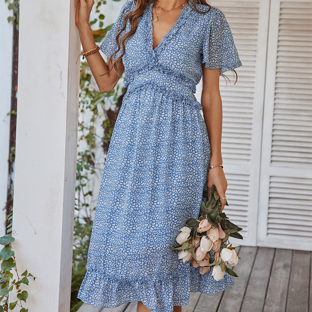 Pleated Ruffle Neck And Waist Dots Print Maxi Dress-My Comfy Blouse