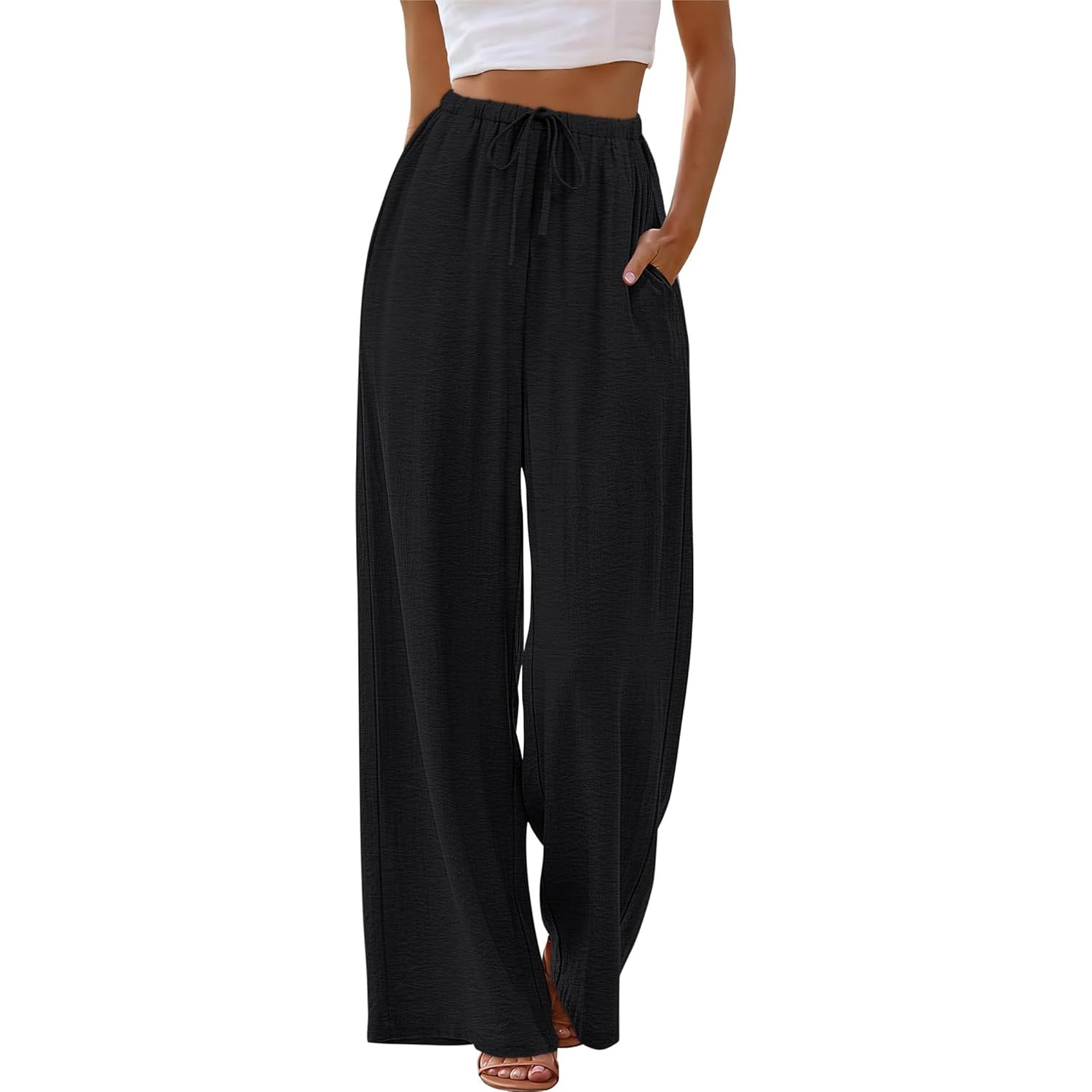 Wide Pants for Women Flowy Palazzo Drawstring Elastic Trousers with Pockets Summer Beach Vacation Clothes