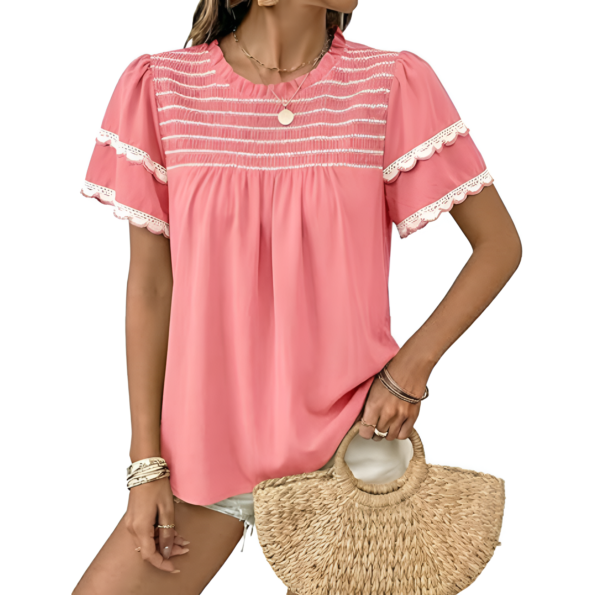 Women Summer Tops Crewneck Ruffle Short Sleeve Casual Pleated Blouses